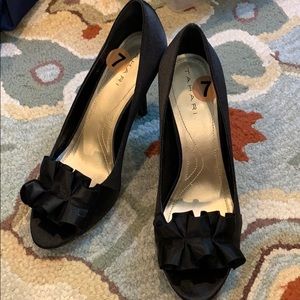 Black satin peep toe high heels